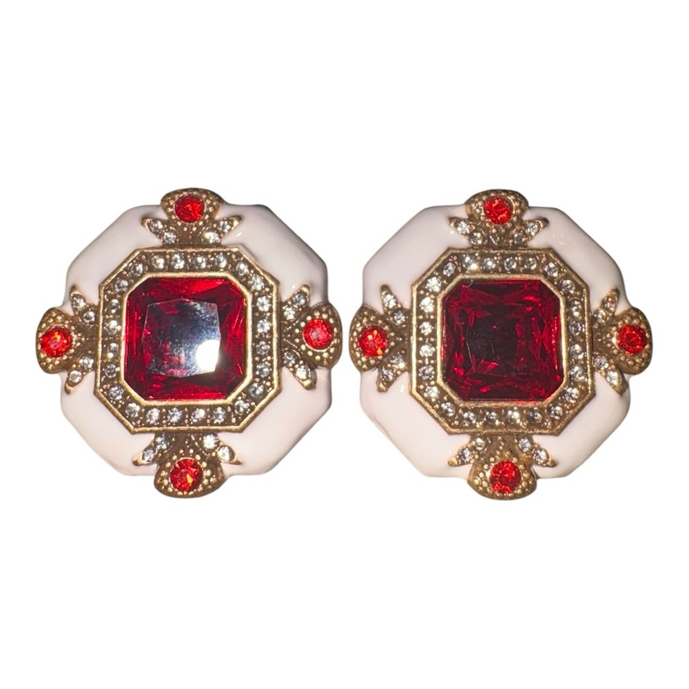 Fourston Red Rhinestone Enamel Statement Clip Ear… - image 1